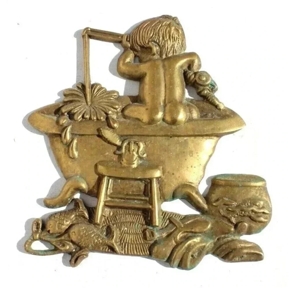 Vtg Brass Little Boy Fishing in Bath Tub Bathroom Wall Hanging Wall Decor Plaque